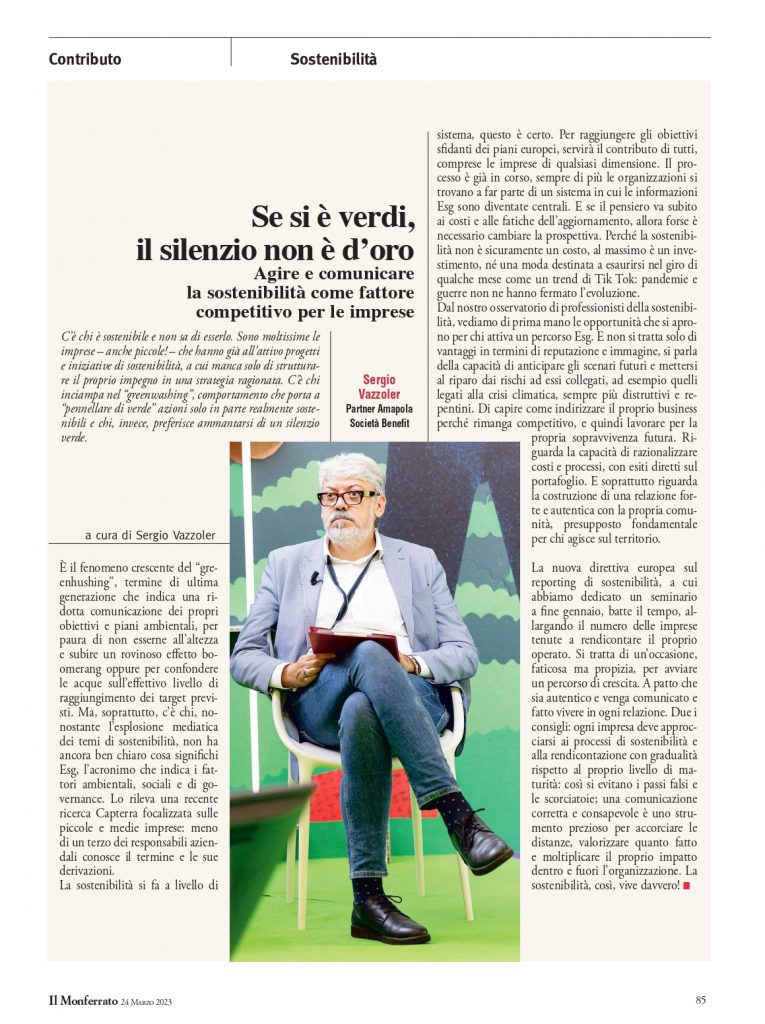 Articolo su il report economia 2023 de Il Monferrato su sostenibilità e imprese