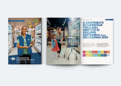 Bilancio di sostenibilità 2022 di Carrefour Italia: copertina e pagine interne